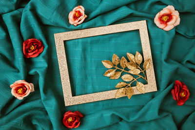 High angle view of various flowers on table