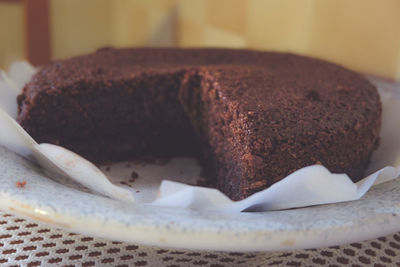 Close-up of chocolate cake in plate