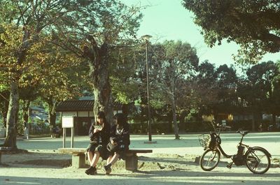 People riding bicycle on road against trees in city