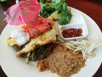 High angle view of food served in plate on table