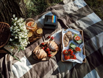 High angle view of breakfast on table