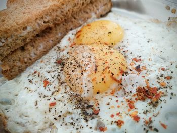 Close-up of brown bread and egg yolk