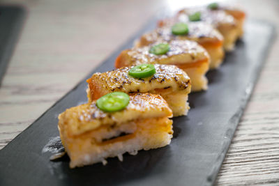 Close-up of served food on table