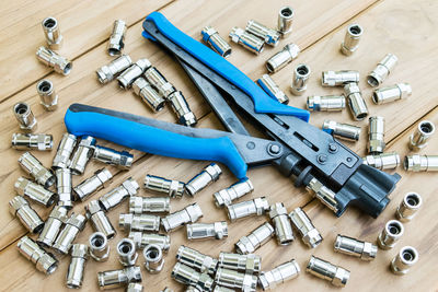 High angle view of work tool on table