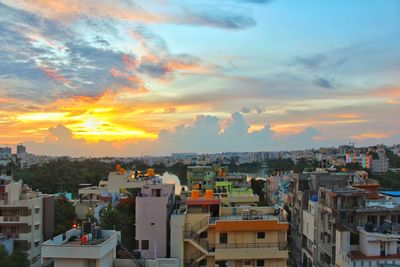 High angle view of townscape against sky at sunset