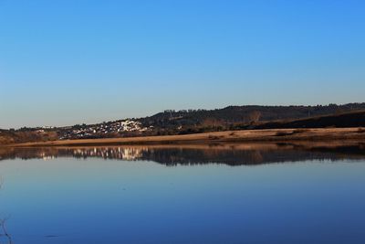 Scenic view of lake against clear blue sky