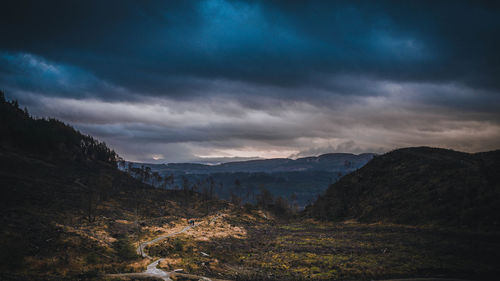 Scenic view of mountains against sky during sunset