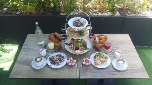 High angle view of breakfast on table