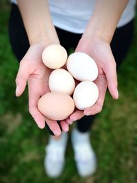 Low section of woman holding eggs while standing on field