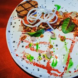 High angle view of cake served on table