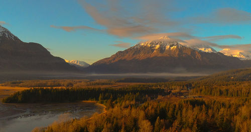 Scenic view of lake and mountains against sky during sunset