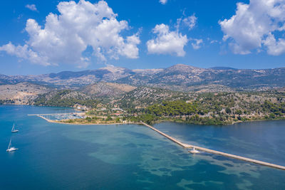 Aerial view of swimming pool by sea against sky