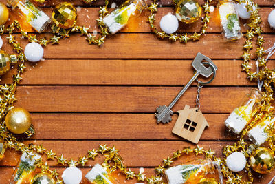 Directly above shot of christmas decorations on table