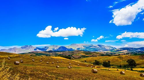 Hay bales on field against sky