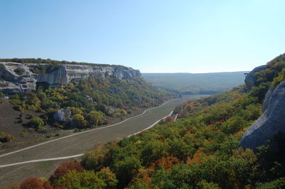 Scenic view of landscape against clear blue sky