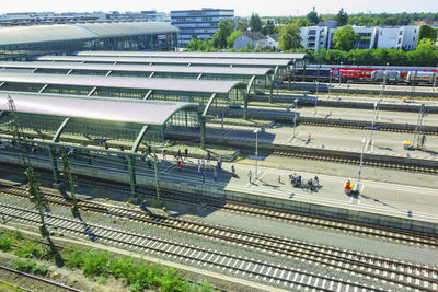 High angle view of train at railroad station