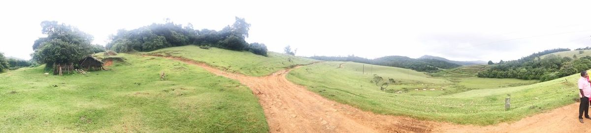 Panoramic view of agricultural field against clear sky