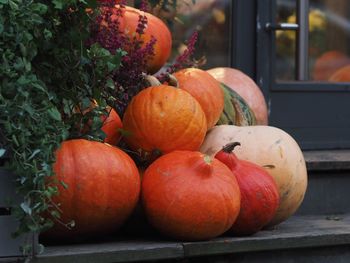 Autumn decoration with pumpkins, heather outside the flower shop. halloween and thanksgiving day. 