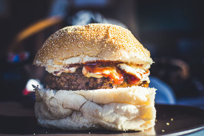 Close-up of hamburger in plate