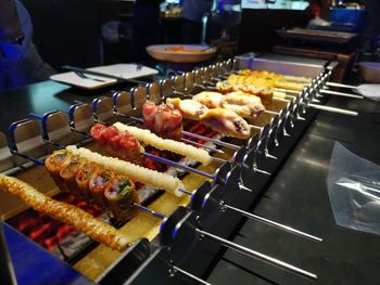 High angle view of food on barbecue grill