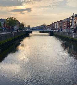 Bridge over river by buildings in city against sky