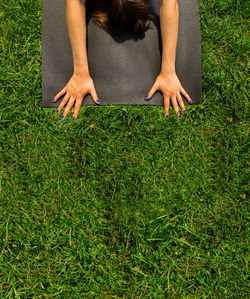 High angle view of woman lying on grassy field