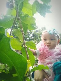 Portrait of cute baby girl leaves outdoors