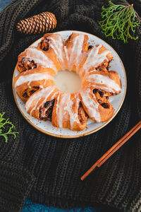 High angle view of cake in plate on table