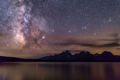 Scenic view of lake and mountains against sky at night