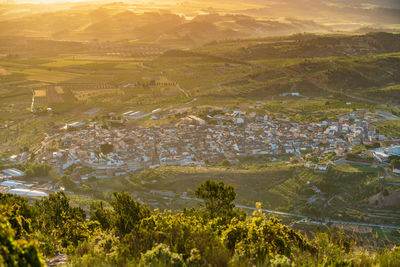 View of a town at golden hour surrounded by vineyards. la font de la figuera, valencia, spain