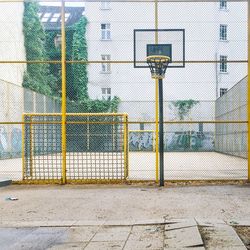 View of basketball hoop in city