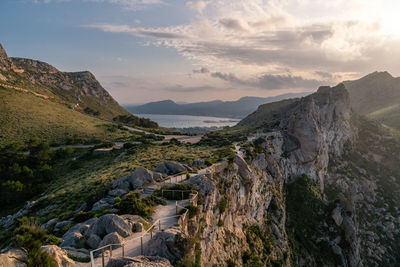 Scenic view of mountains against sky during sunset