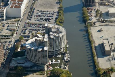 High angle view of buildings and street in city