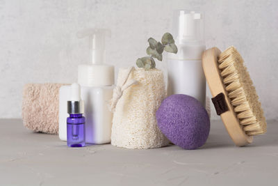 Spa cosmetic products and eco friendly bathroom accessories. beauty, spa and wellness concept. 