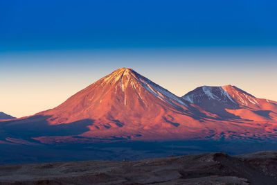 Scenic view of snowcapped mountains against blue sky