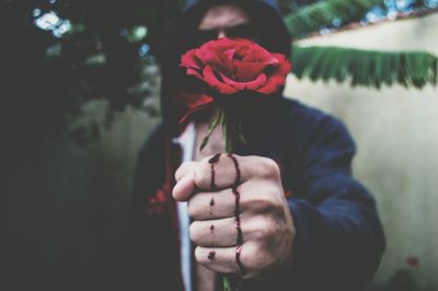 Close-up of hand holding flower