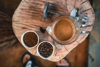 High angle view of coffee cup on table