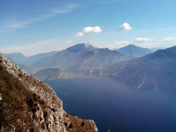 Scenic view of river amidst mountains against sky