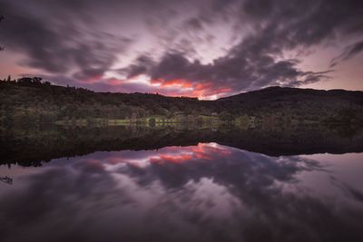 Reflection of mountains in lake against cloudy sky at dusk