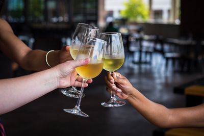 Close-up of women toasting drinks 