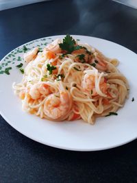 High angle view of noodles served in plate