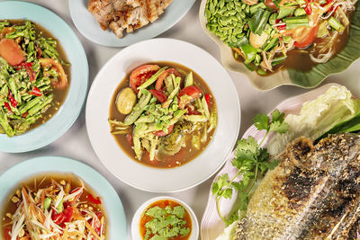 High angle view of food served on table