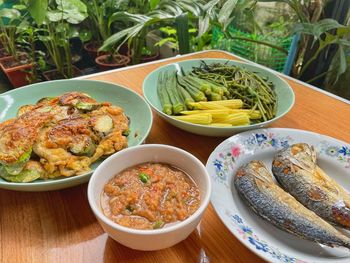 High angle view of food on table