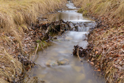 High angle view of stream amidst field
