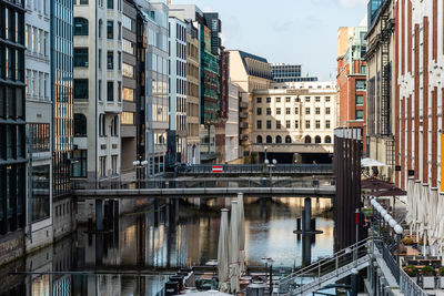 Scenic view of bleichenfleet canal with luxury fashion stores and sidewalk