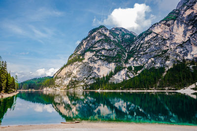 Scenic view of lake and mountains against sky