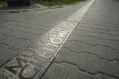 High angle view of text on street