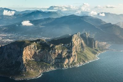 Aerial view of lake and mountains