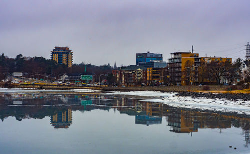 Reflection of buildings in lake against sky