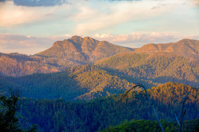 Scenic view of mountains against sky during autumn